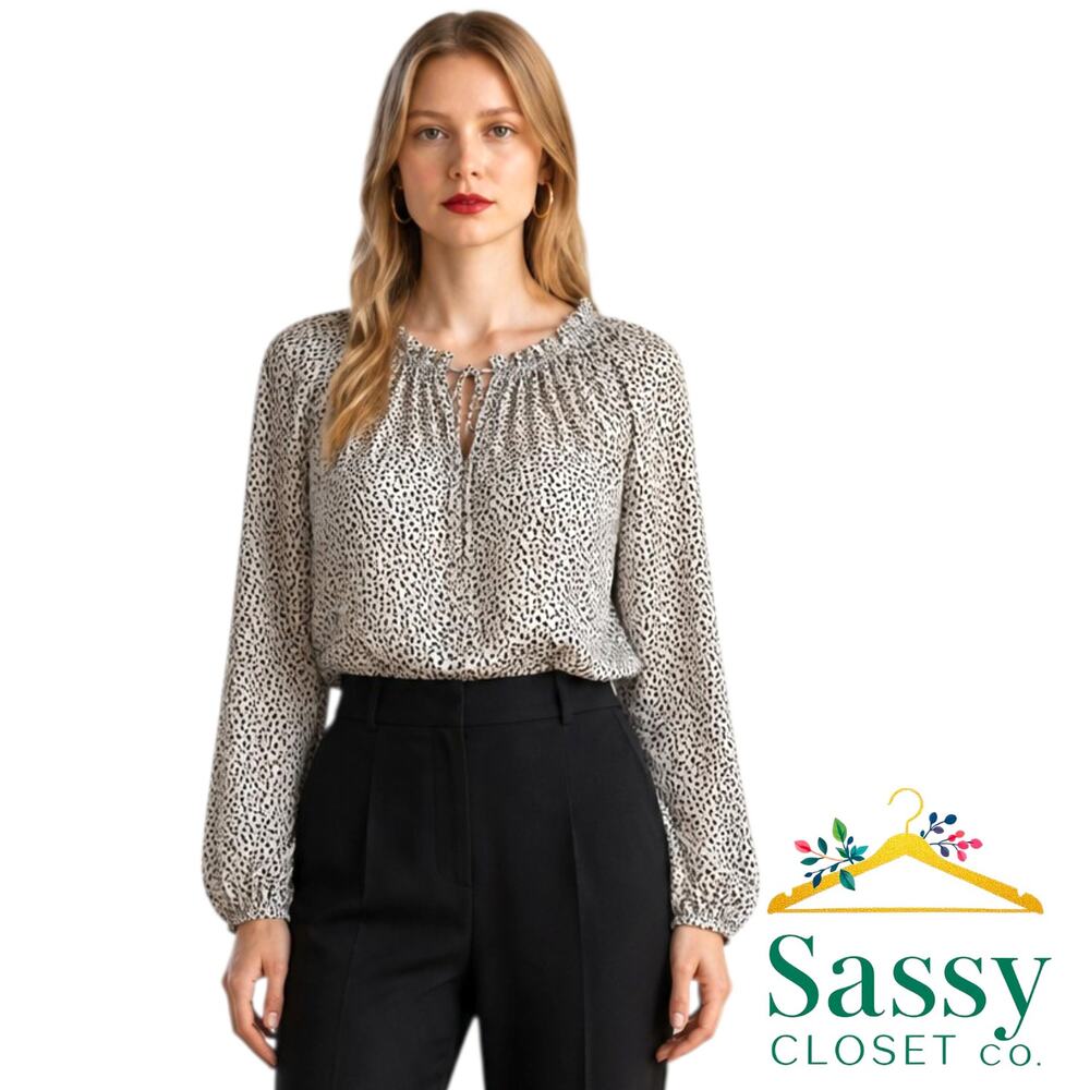 ANN TAYLOR Petite Dot Keyhole Blouse MP Black White Ruffle Neck Blouson Top